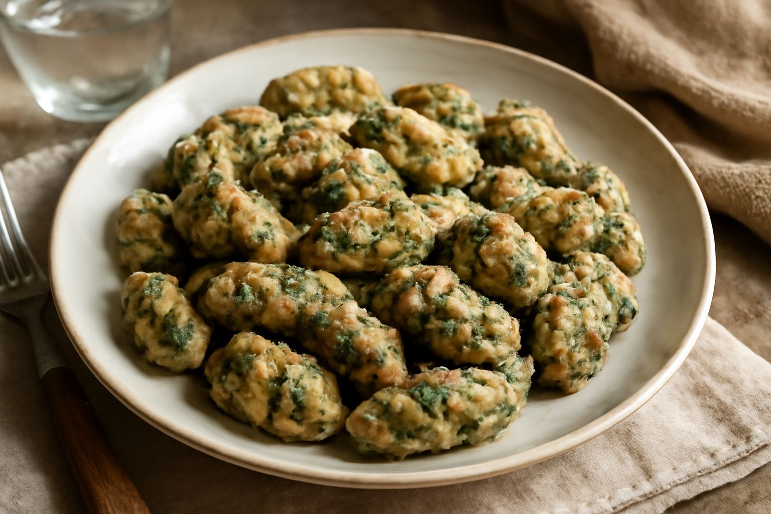 Strangolapreti dorati in un piatto fondo di ceramica bianca, immersi in brodo trasparente, decorati con lattuga verde e scaglie di parmigiano, accanto a un cucchiaio di legno.