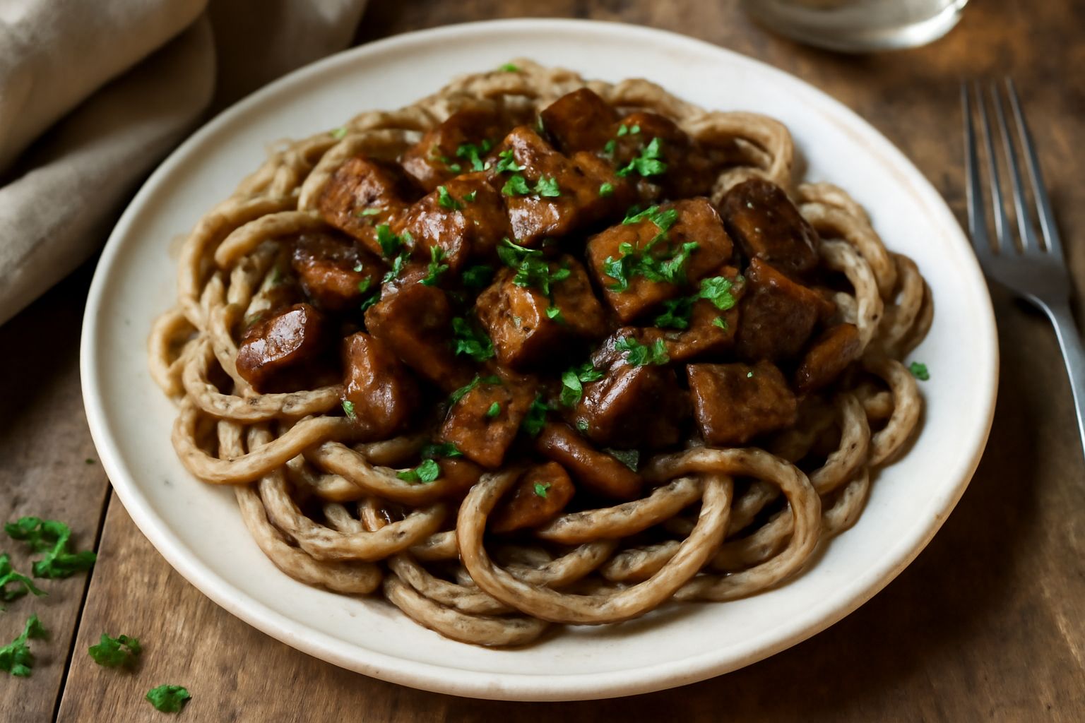 Piatto bianco con strangozzi ai funghi: pasta trafilata spessa grigio-beige, ricoperta di funghi porcini marrone scuro sminuzzati, prezzemolo verde fresco, piccole gocce di olio d'oliva, fondo sfocato