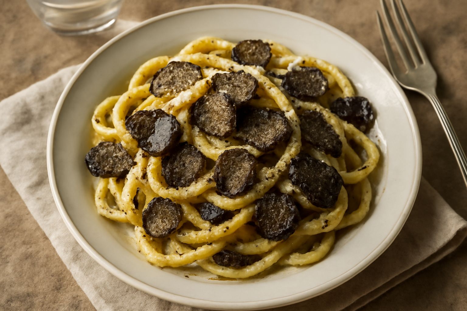 Piatto di strangozzi al tartufo conditi con burro e parmigiano, guarniti con lamelle di tartufo nero, in un piatto bianco fondo su tovaglia leggera