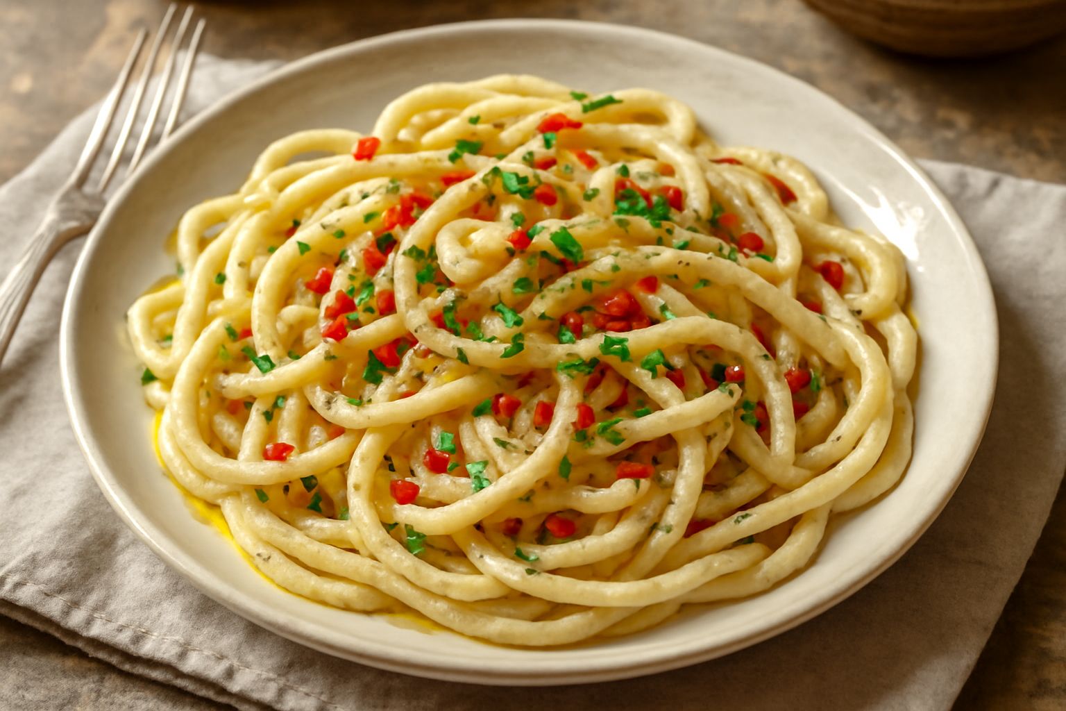 Piatto di strangozzi freschi color bianco panna, conditi con olio dorato e aglio affettato sottile, peperoncino rosso visibile sulla pasta, serviti in piatto bianco con forchetta a lato