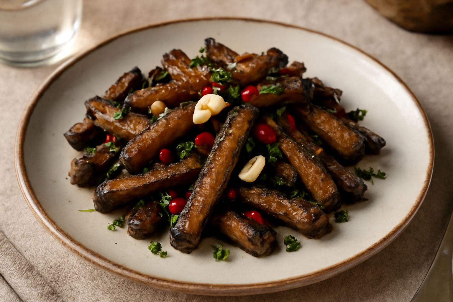 Piatto bianco con strascinata di melanzane: bastoncini dorati e morbidi, conditi con aglio affettato, peperoncino rosso e prezzemolo verde fresco, oliva in superficie lucida