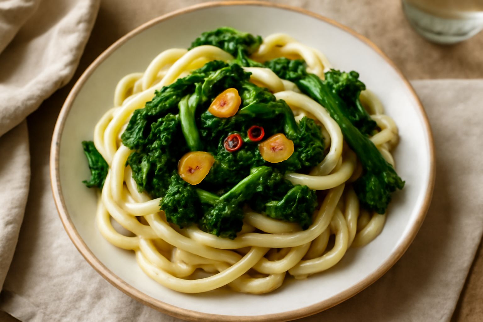 Piatto di strascinate alle rape: pasta spessa color avorio avvolta attorno alle cime di rapa scure e croccanti, aglio dorato in superficie, olio lucido, servito in piatto bianco con bordo sottile