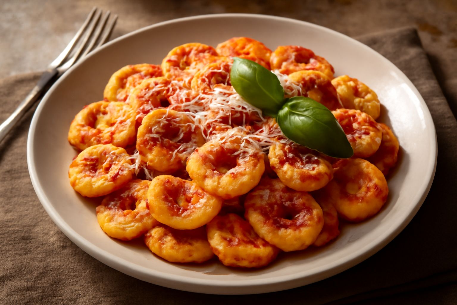 Piatto di strascinati tondi e irregolari ricoperti di sugo rosso e pecorino grattugiato, con basilico fresco, serviti in piatto bianco su tavolo di legno
