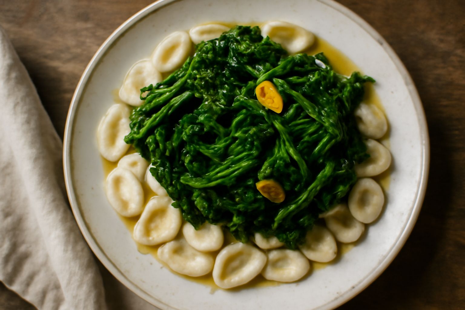 Piatto di strascinati color bianco crema con cime di rapa verde scuro saltate in padella, olio e aglio, serviti in piatto bianco fondo con filo di olio d'oliva
