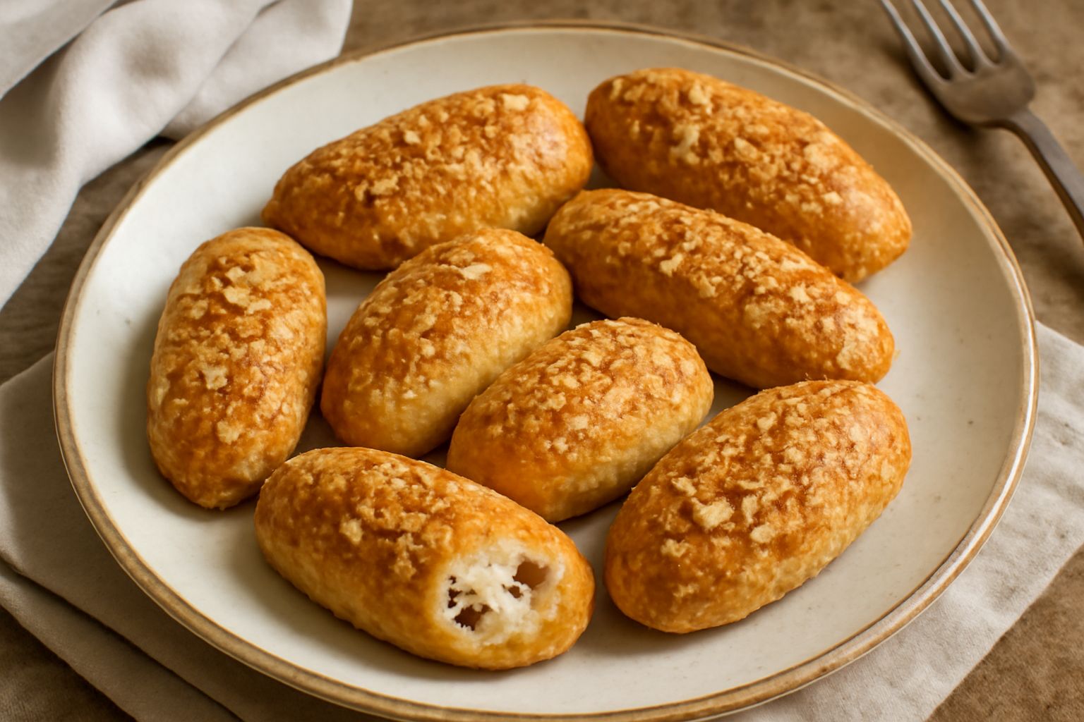 Strascinati dolci dorati su piatto bianco, forma ovale allungata, pasta croccante color nocciola, mandorla tritata in superficie, ripieno di ricotta visibile da una lacerazione, contorno di tazza di c