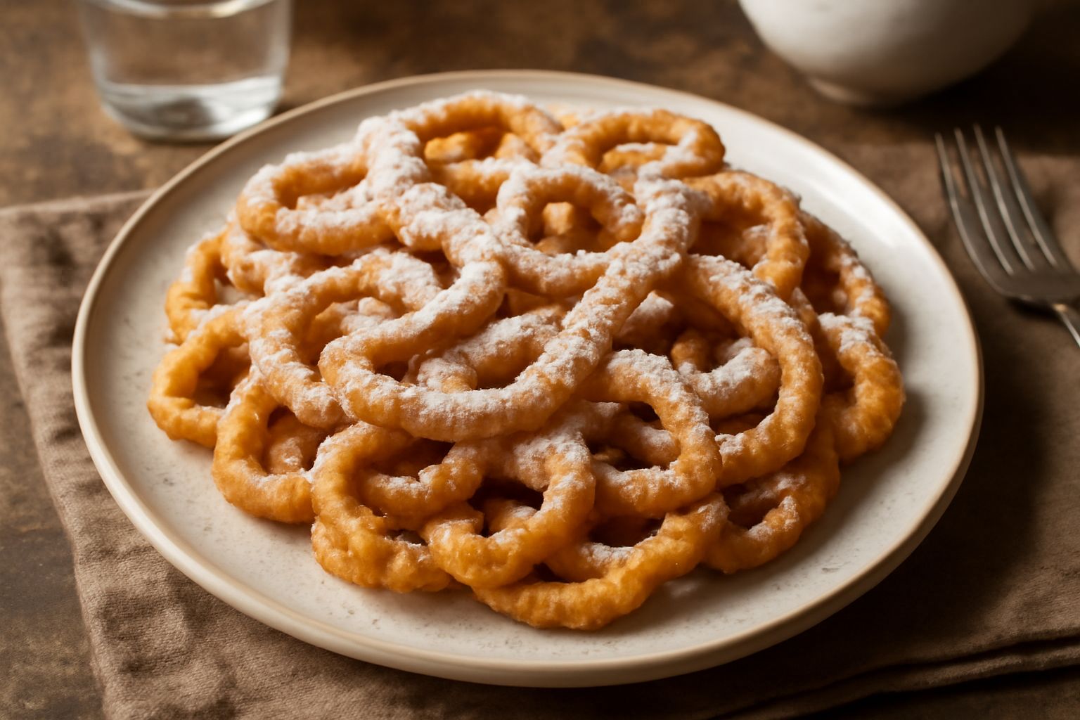 Strauben dorati e croccanti impilati su un piatto bianco, spolverati di zucchero a velo, con una tazza di caffè sfocata sullo sfondo