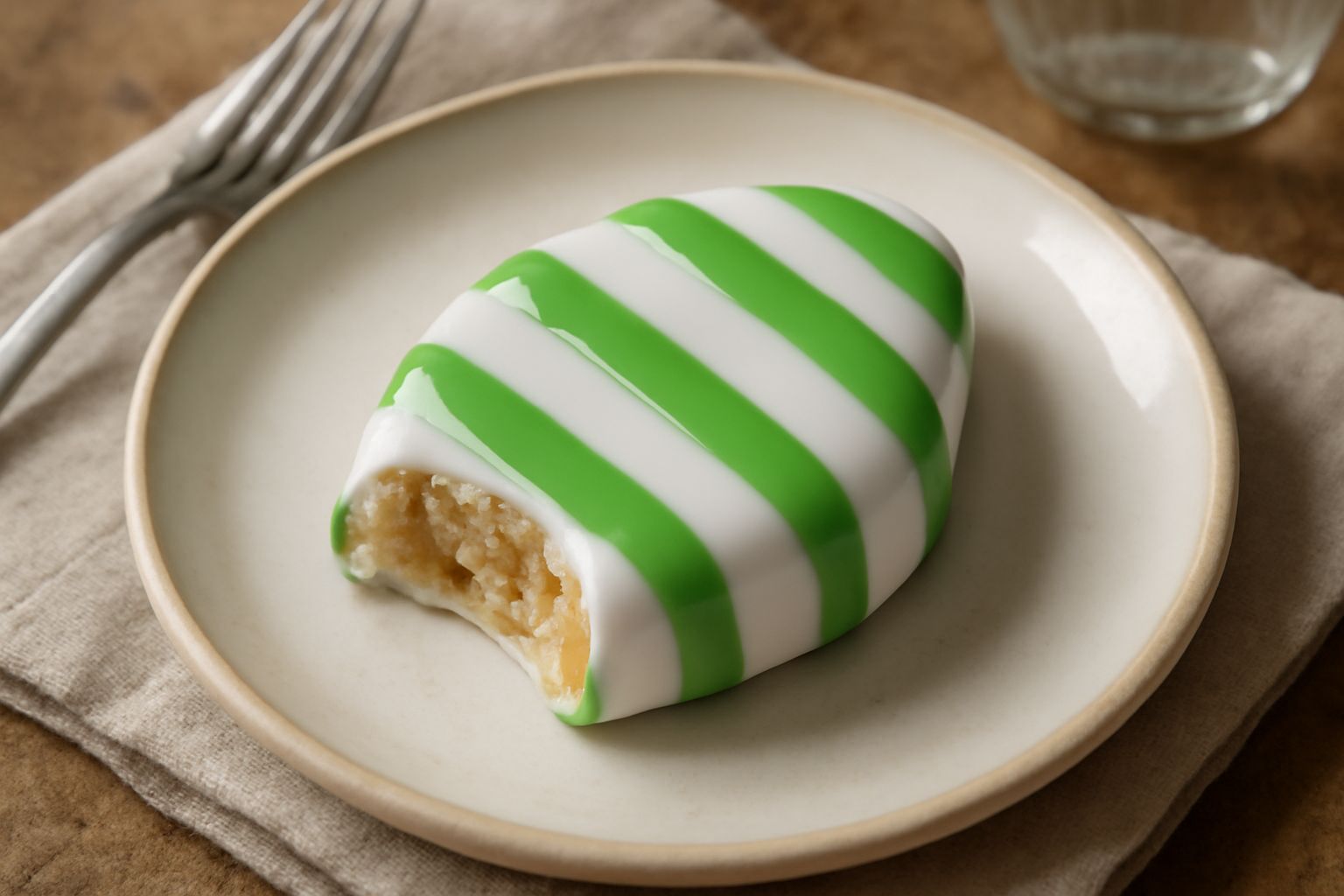 Tre dolcetti Strega di Benevento ricoperti di glassa verde e bianca, mandorle visibili, su piattino bianco con caffè sfocato sullo sfondo