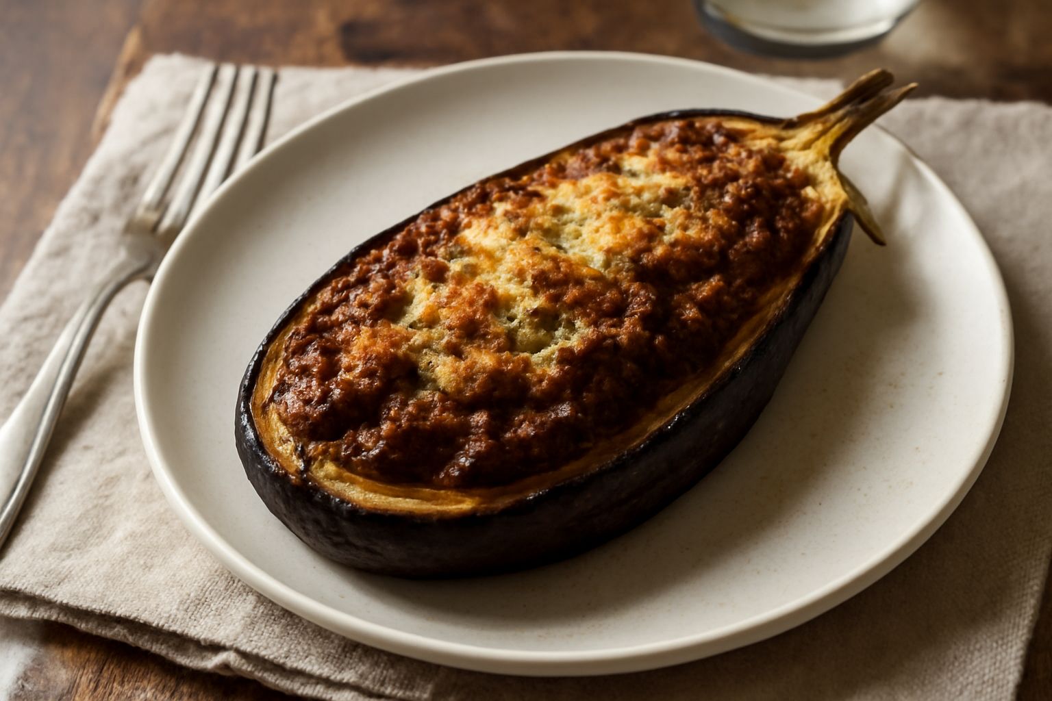 Melanzana ripiena dorata al forno, tagliata a metà, con ripieno di ragù rosso e formaggio gratinato, in un piatto bianco, contorno di pomodoro fresco