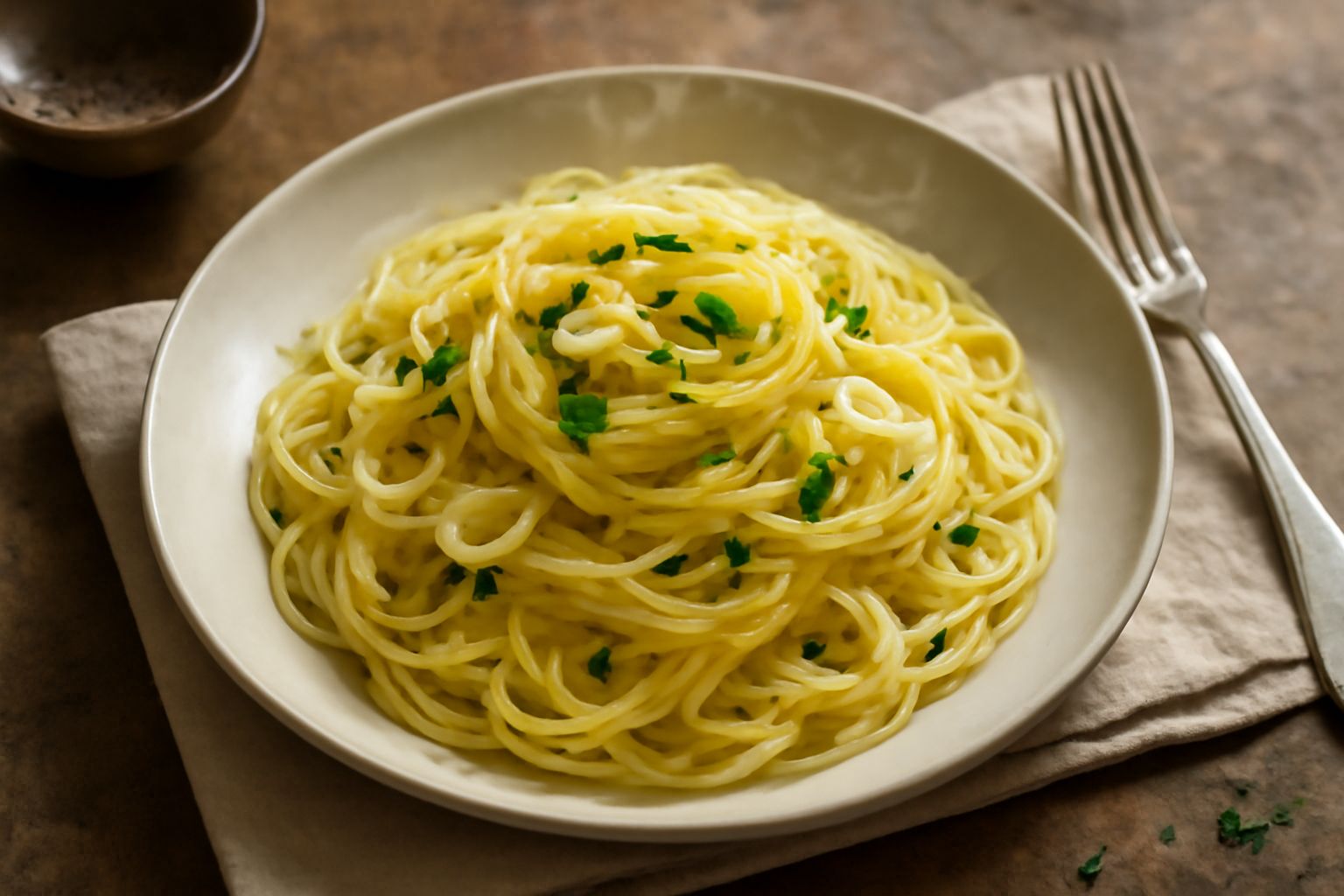 Un piatto bianco con stringhe di pasta giallo oro raccolte in nido, condite con olio extravergine, aglio sottile e prezzemolo fresco, una spruzzata di pepe nero visibile