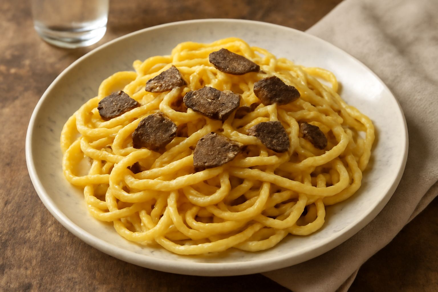 Stringozzi bianchi e beige arrotolati nel piatto, ricoperti di scaglie nere di tartufo, burro fuso, grattugia di parmigiano reggiano e prezzemolo fresco trinciato
