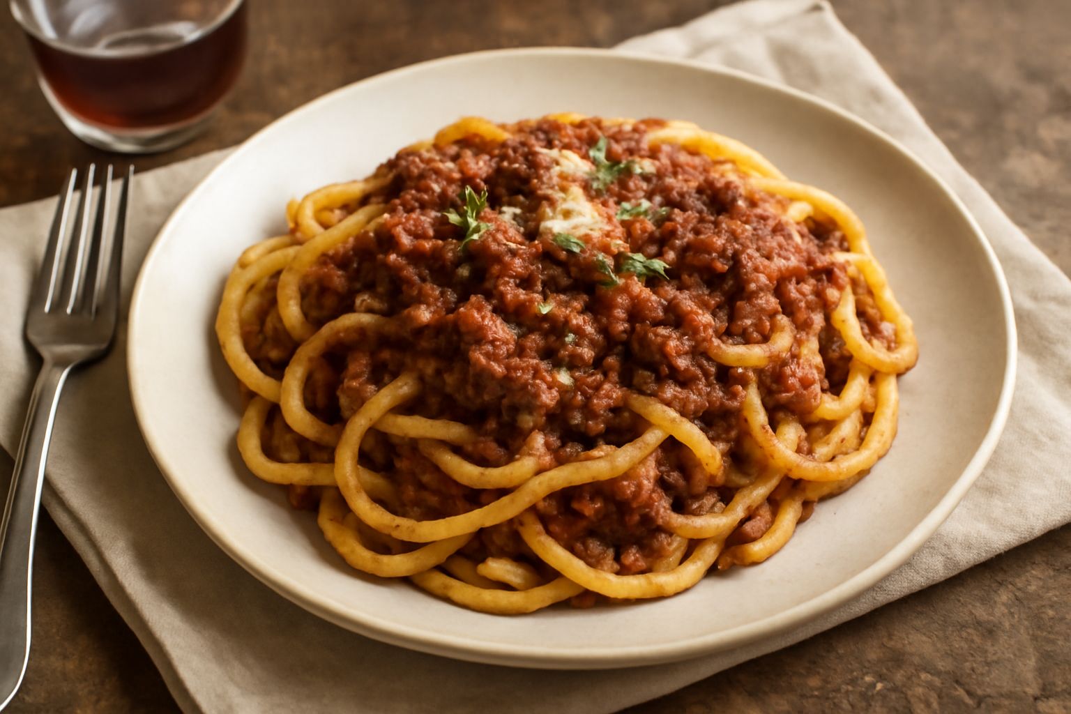 Piatto di stringozzi al ragù di lepre con pasta color avorio, sugo marrone scuro e striature di parmigiano grattugiato, serviti in ciotola di ceramica bianca su tavolo di legno