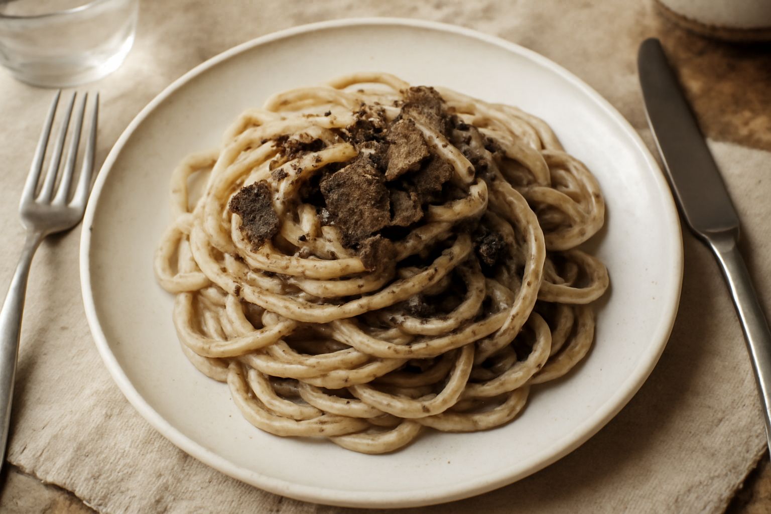 Piatto bianco con stringozzi grigio-beige, lucidi di burro, ricoperti di scaglie sottili di tartufo nero, guarniti con un rametto di prezzemolo fresco e una grattugia di parmigiano