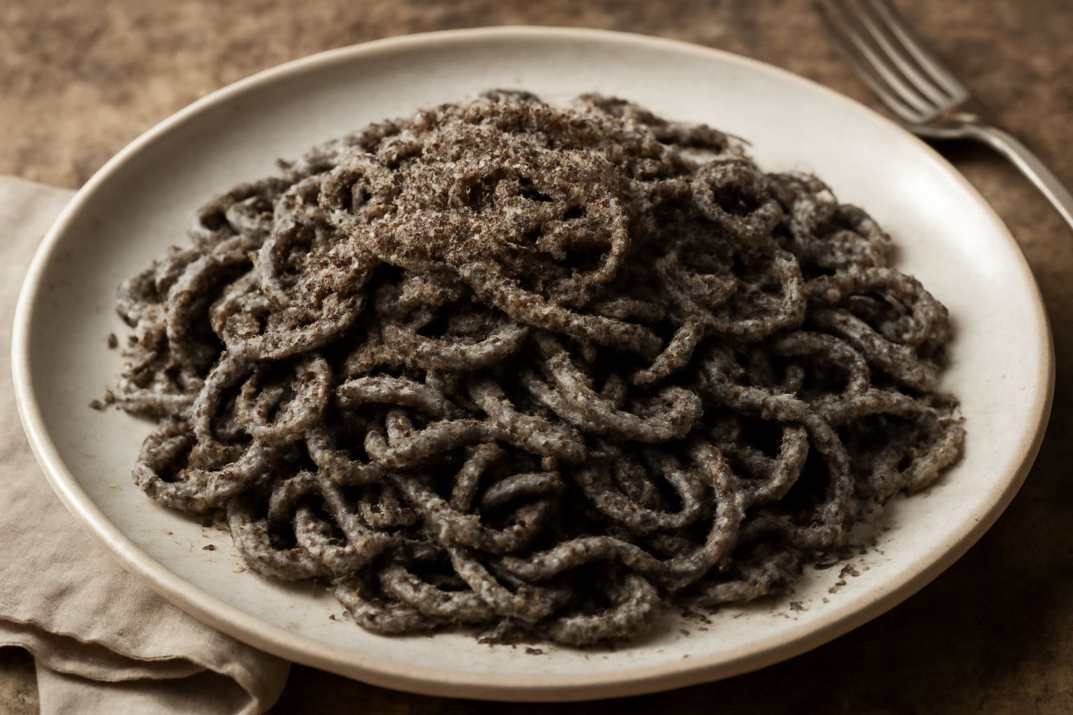 Piatto di stringozzi scuri e irregolari conditi con tartufo nero grattugiato, burro fuso e parmigiano reggiano, su piatto bianco in ceramica
