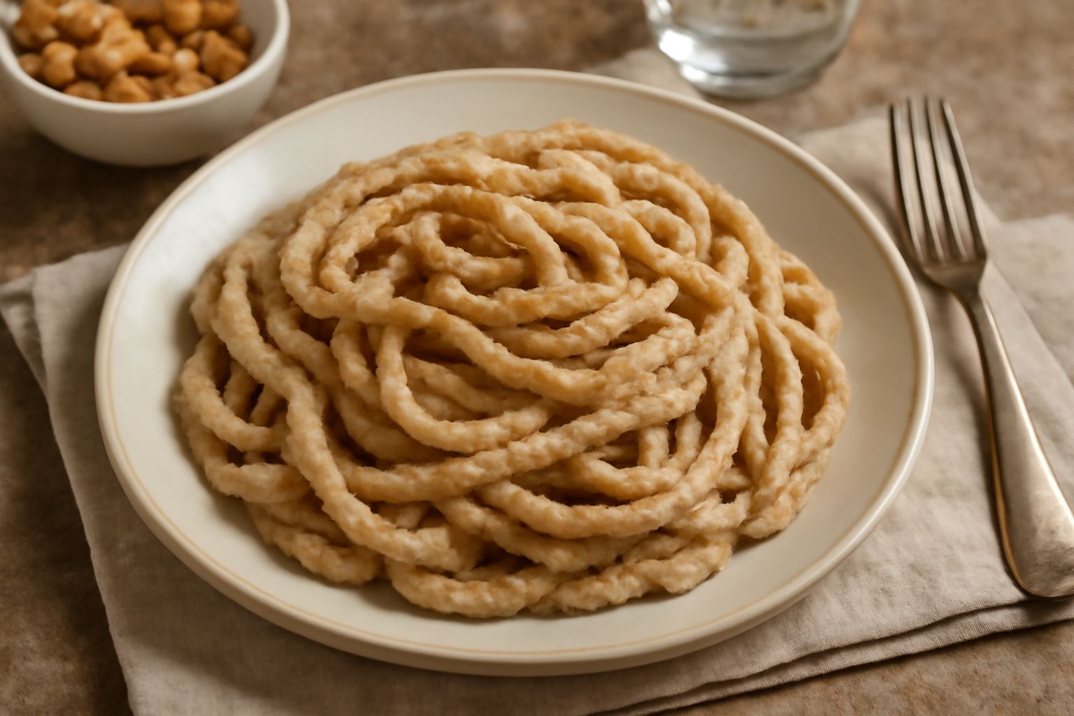 Piatto di stringozzi bianchi cremosi conditi con salsa marrone di noci tritate, guarniti con qualche noce intera e prezzemolo fresco, presentati su un piatto fondo bianco