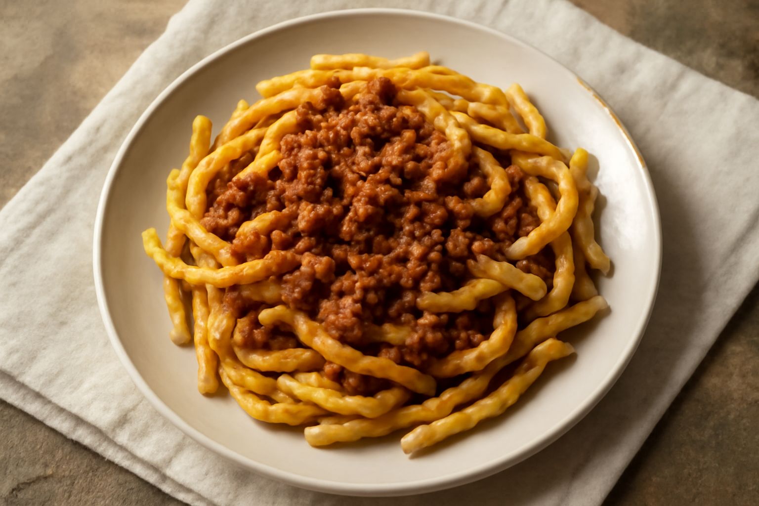 Piatto di strozzapreti conditi con ragù di carne, formaggio grattugiato e prezzemolo fresco, su un fondo bianco con forchetta d'acciaio