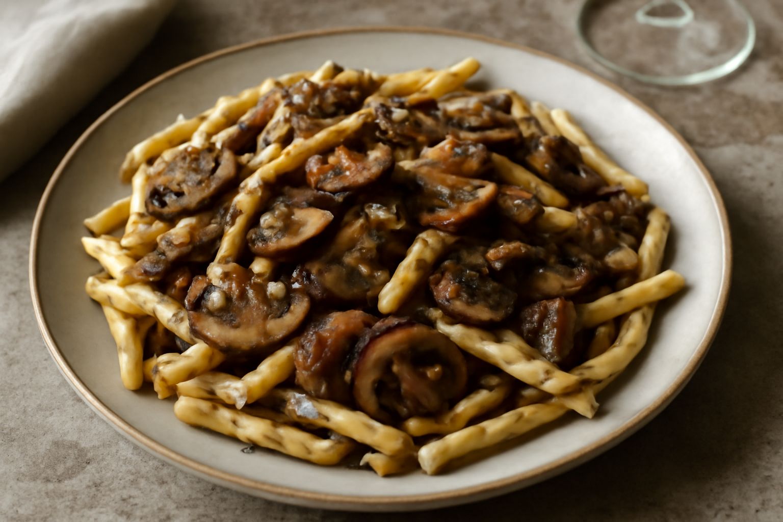 Strozzapreti ai funghi nel piatto: pasta arricciata color grano con funghi marrone scuro trifolati, olio brillante e prezzemolo verde su fondo bianco