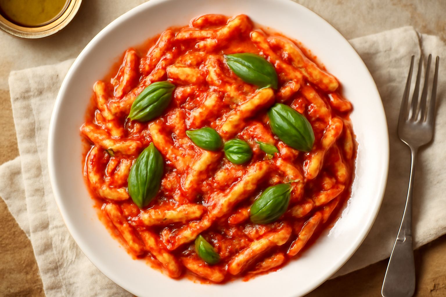 Piatto di strozzapreti rossi al pomodoro, guarniti con foglie di basilico verde fresco, olio d'oliva dorato, parmigiano grattugiato e pepe nero, impiattati in una ciotola bianca.