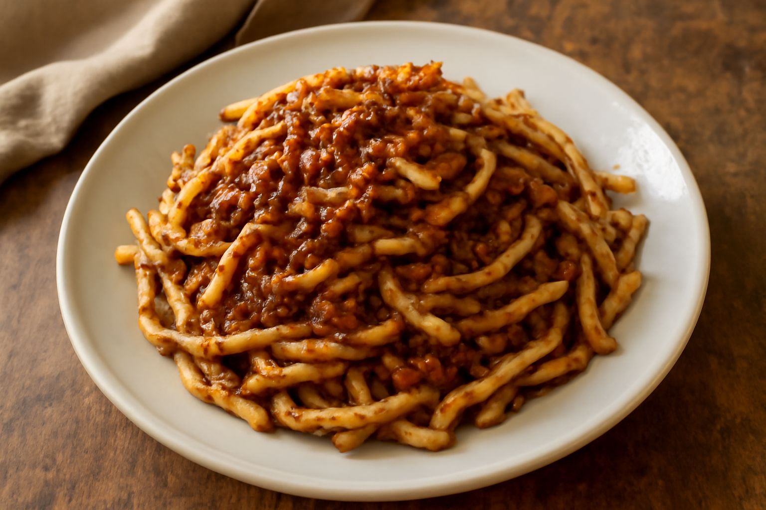 Strozzapreti al ragù su un piatto bianco fondo: pasta arricciata color ambra ricoperta di ragù rosso scuro e marmorizzato di grasso, spolverata di parmigiano grattugiato bianco, con un cucchiaio di le