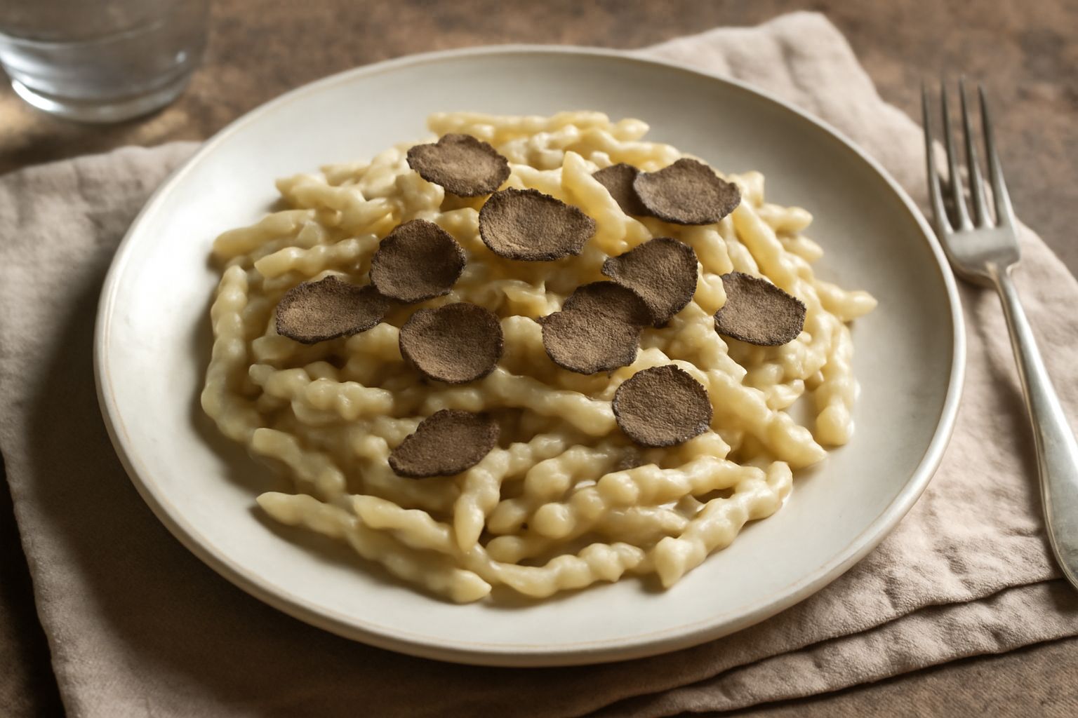 Piatto di strozzapreti al tartufo con salsa color crema, scaglie di tartufo nero visibili in superficie, parmigiano grattugiato fresco, servito in piatto bianco su sfondo neutro