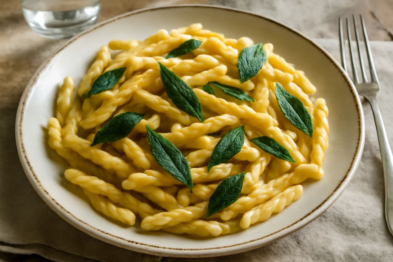 Piatto di strozzapreti dorati con burro lucido, foglie di salvia verde chiaro distribute sulla pasta, fondo di ceramica bianca, vista dall'alto leggermente laterale