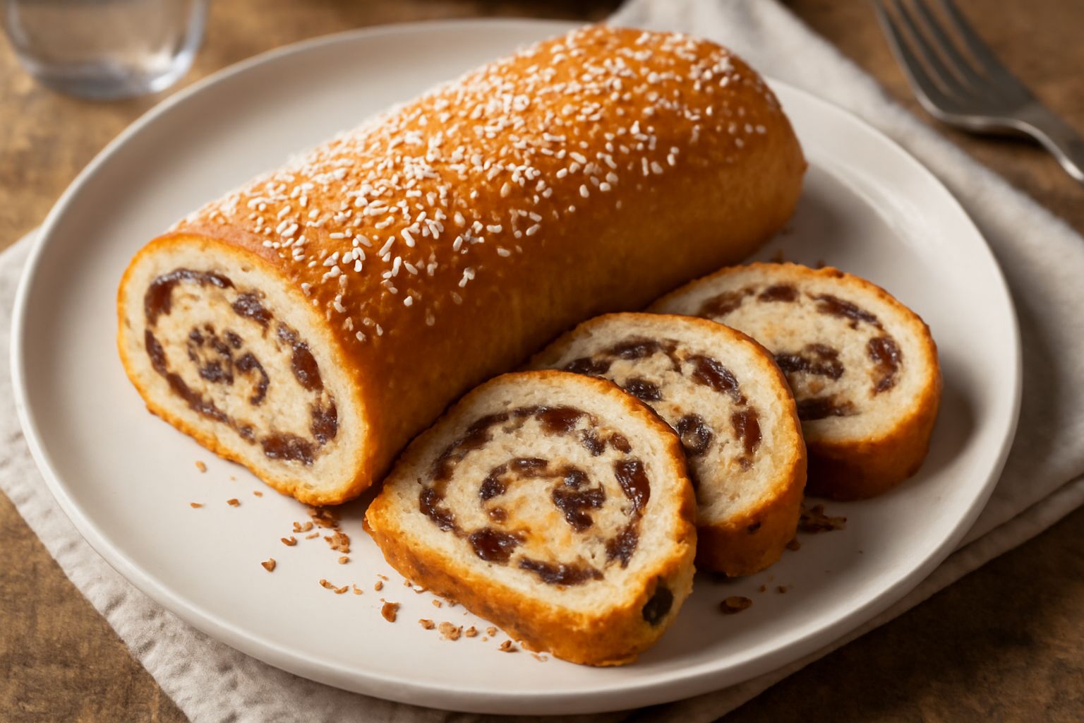 Strucolo di pane affettato su una tavola di legno, sezione visibile del ripieno con uvetta e frutta secca, superficie dorata e brillante, polvere di zucchero sparsa intorno