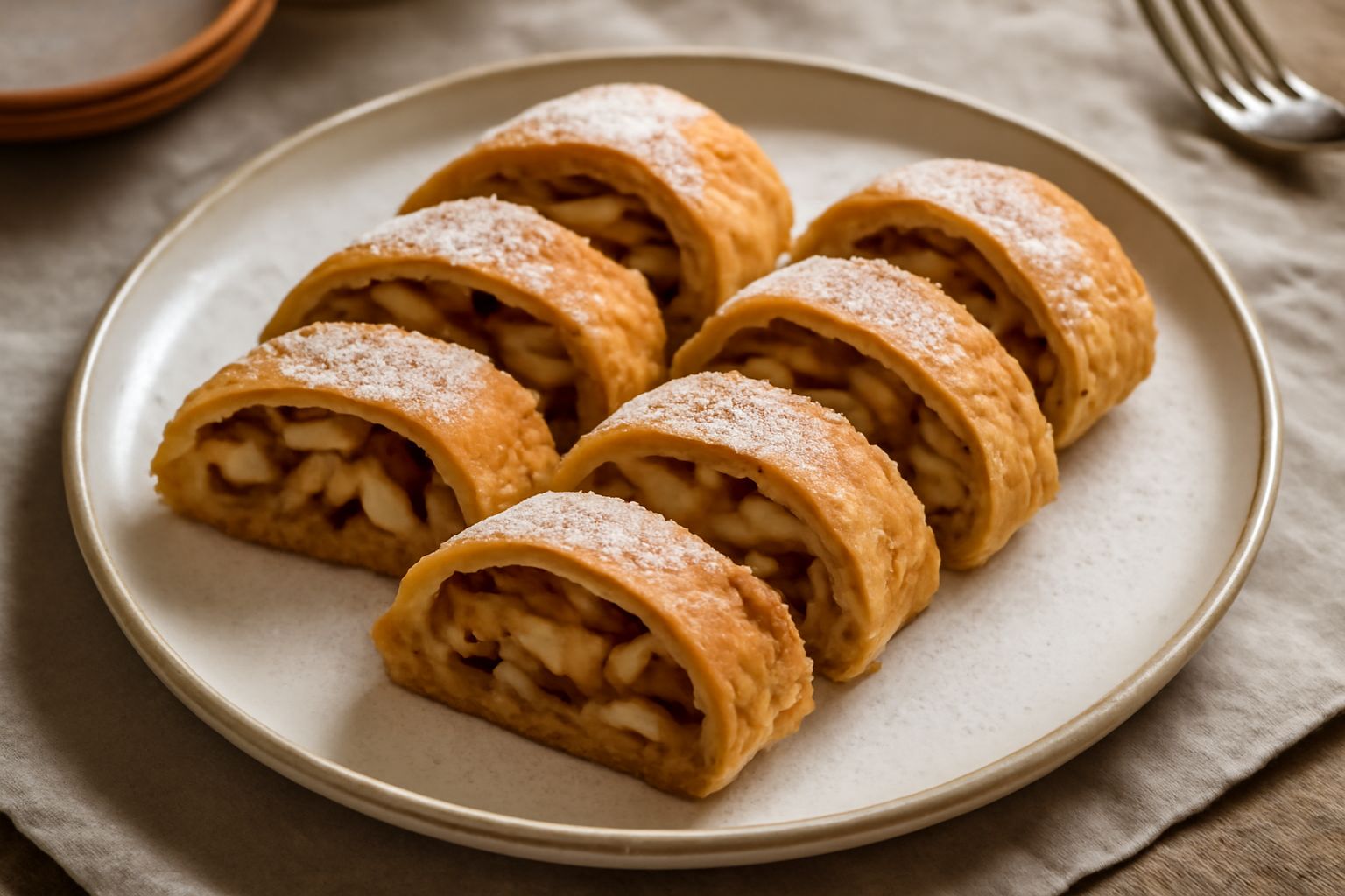 Strudel di mele affettato su un piatto bianco, sezione che mostra la sfoglia dorata croccante, le mele con uvetta scura e cannella, polverato di zucchero a velo, piega di pasta ben stratificata, conto