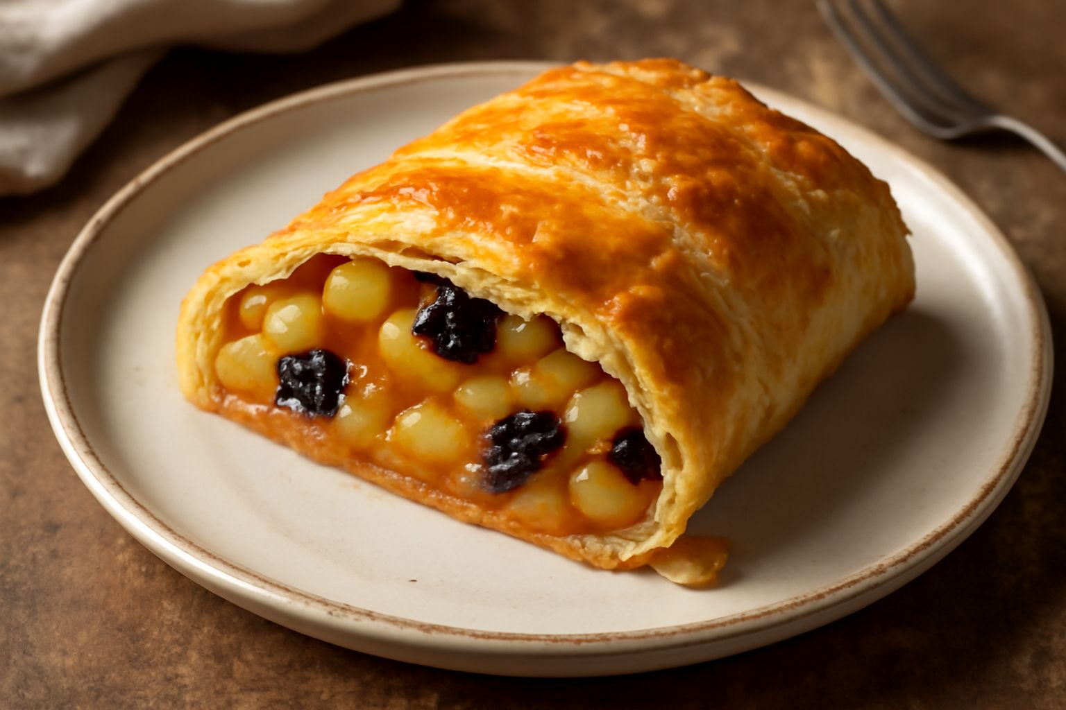 Strudel di frutta mista affettato su piatto bianco, sezione trasversale che mostra il ripieno di mele e pere dorati con uvetta e mandorle, pasta esterna color oro croccante, spolverato di zucchero a v