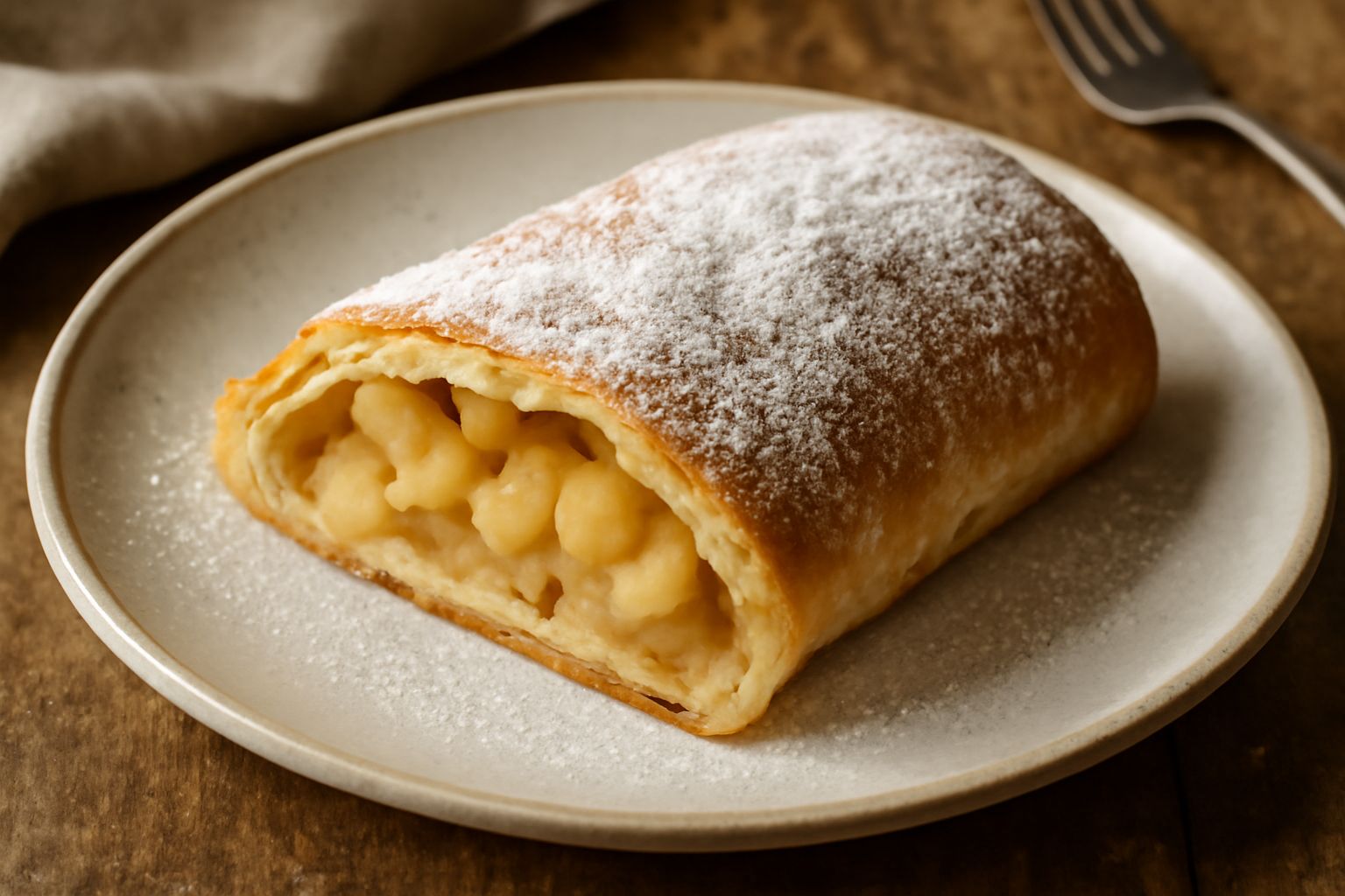 Strudel di mele affettato su un piatto bianco, con pasta sfoglia dorata e croccante, interno visibile con mele morbide color avorio e cannella, cosparso di zucchero a velo