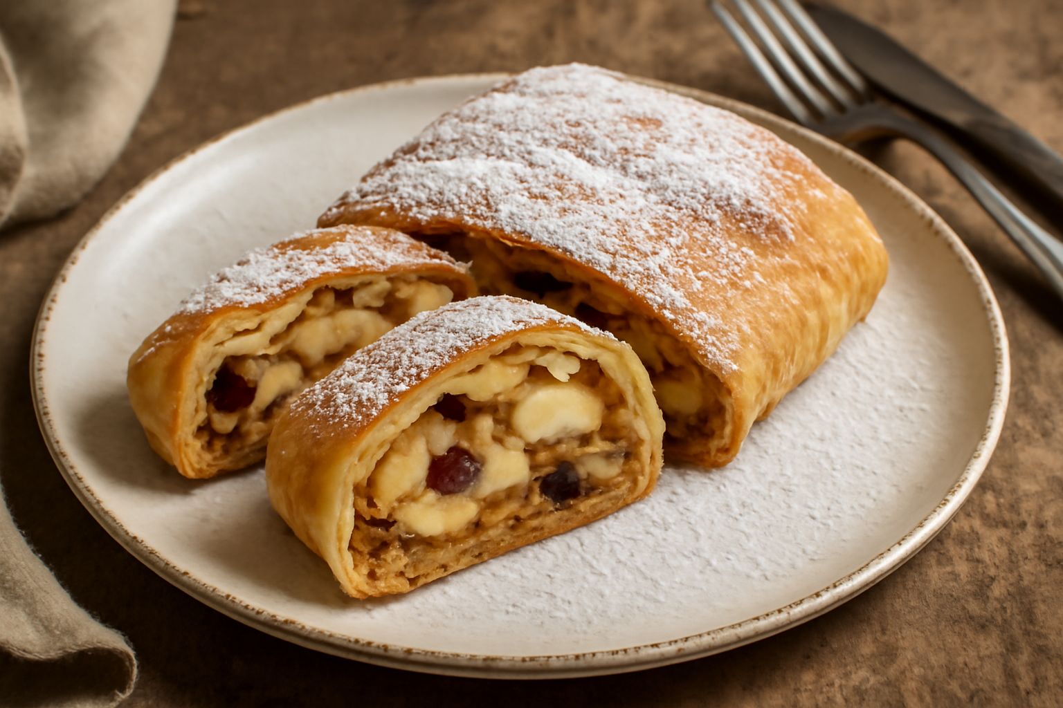 Strudel di mele appena sfornato, dorato e croccante, affettato in fette spesse che mostrano il ripieno di mele morbide, uvetta scura e pangrattato tostato, coperto da un velo di zucchero a velo bianco
