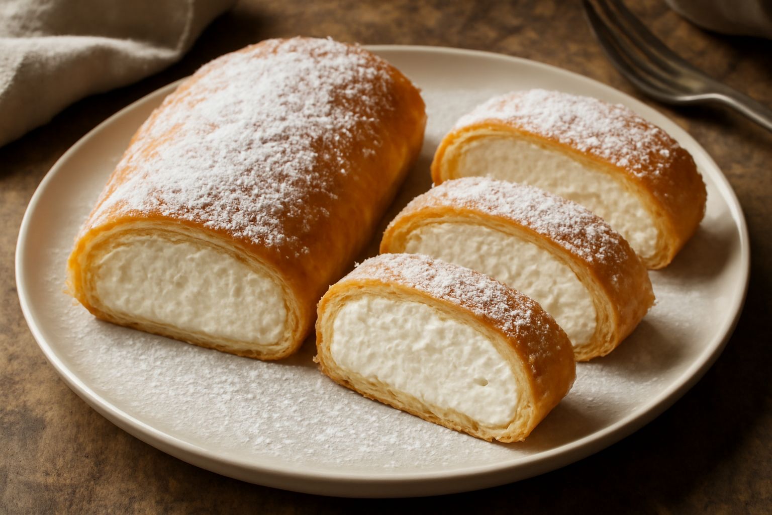 Strudel di ricotta a fette su piatto bianco, pasta dorata e croccante, interno cremoso con ricotta visibile, cosparso di zucchero a velo, pinoli sparse intorno