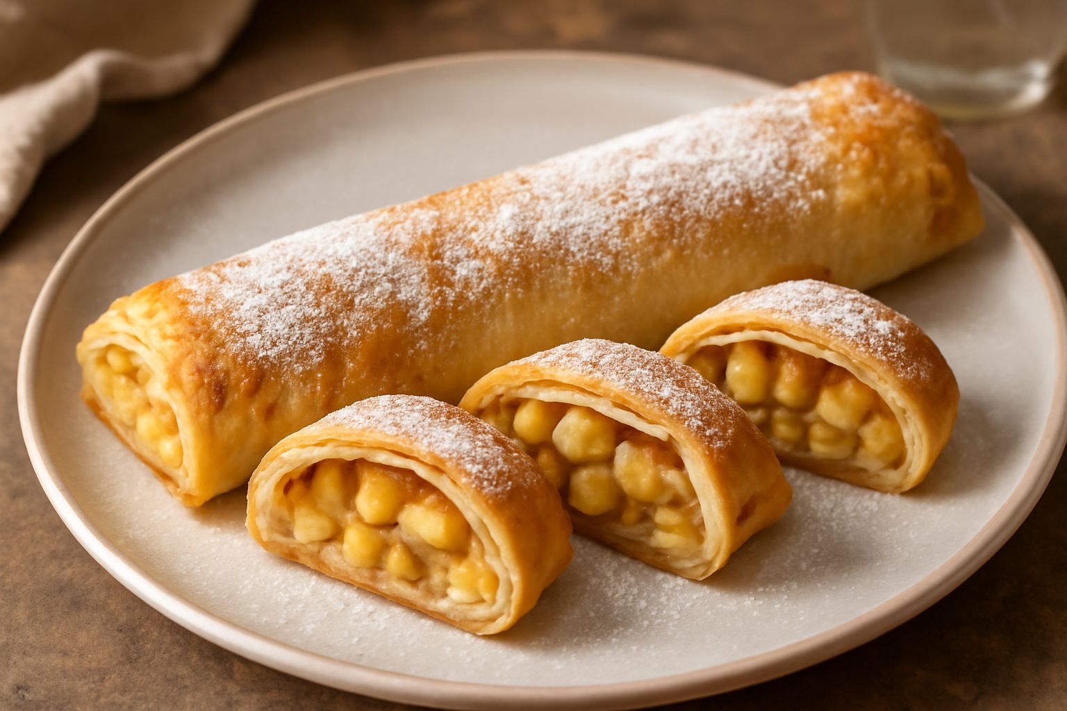Strudel ferrarese affettato su piatto bianco, sezione visibile del ripieno con mele dorate, uvetta scura e pinoli, superficie dorata e croccante ricoperta di zucchero a velo