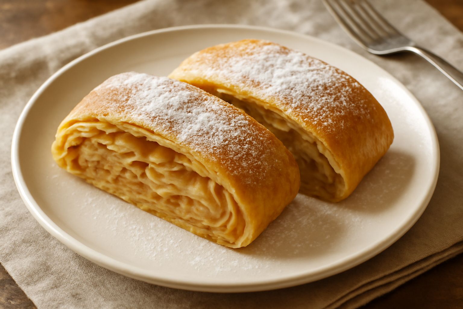 Strudel friulano affettato su piatto bianco, sezione visibile con sfoglia dorata e croccante, interno con mele chiare e uvetta scura, superficie cosparsa di zucchero a velo