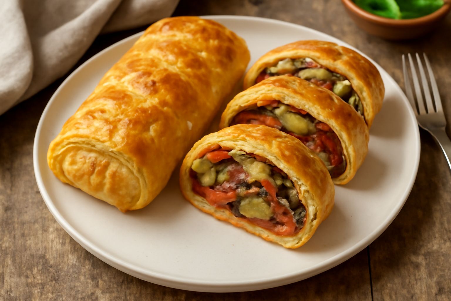 Strudel salato tagliato a fette, con pasta sfoglia dorata e croccante, ripieno visibile di zucchine grigliate, ricotta bianca, pancetta croccante e melanzane scure, servito su un piatto bianco