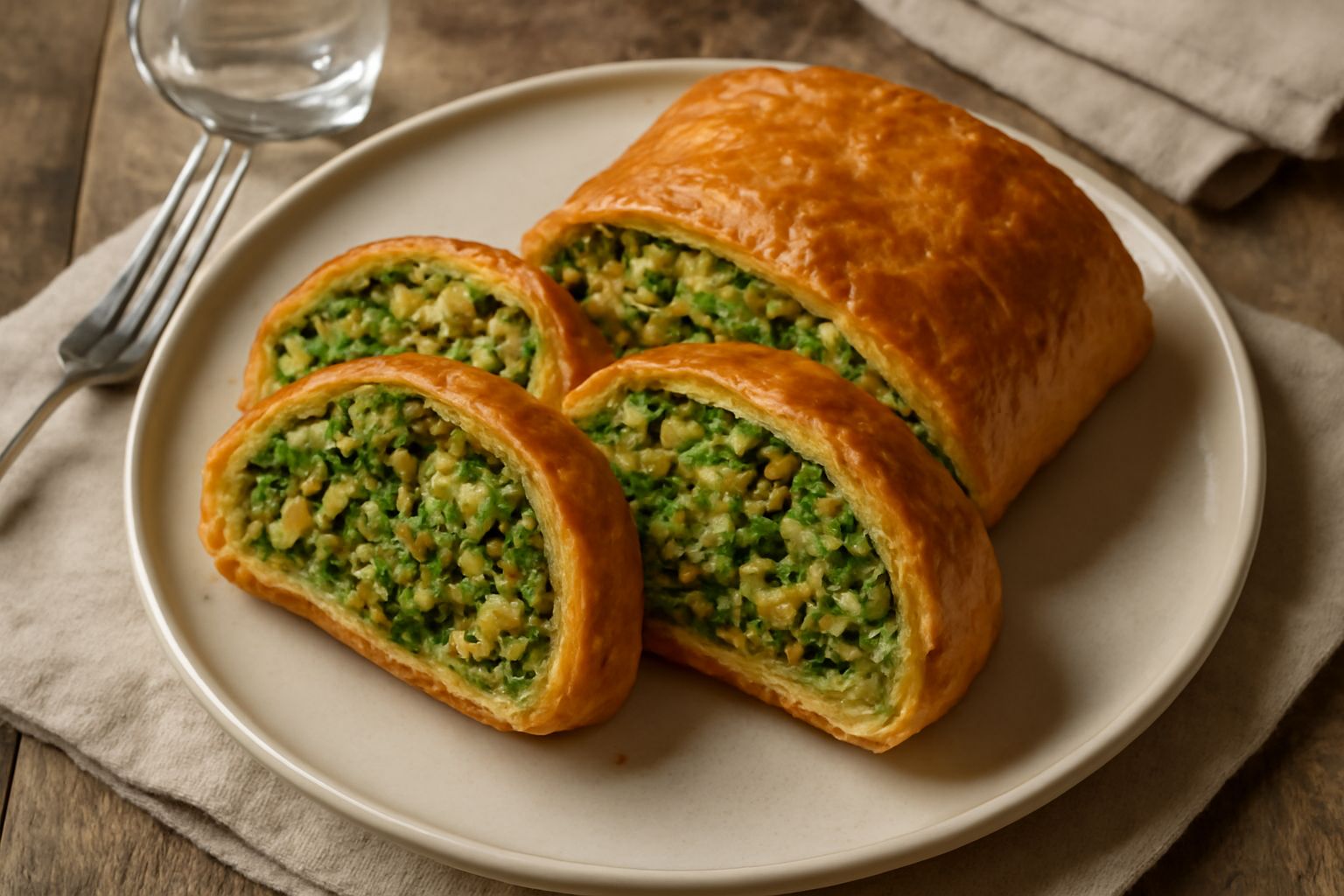 Strudel salato di cavolo tagliato a fette su un piatto bianco, sfoglia dorata e croccante con ripieno di cavolo verde visibile, guarnito con semi di sesamo