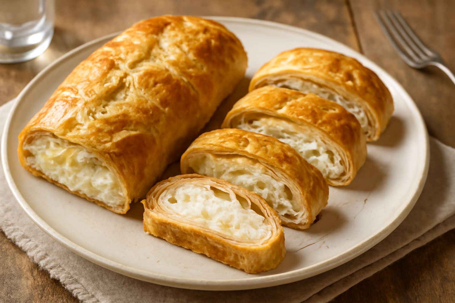Strudel siciliano affettato su piatto bianco, sfoglia dorata e croccante, ripieno di ricotta bianca e frutta secca visibile, spolverato di zucchero a velo