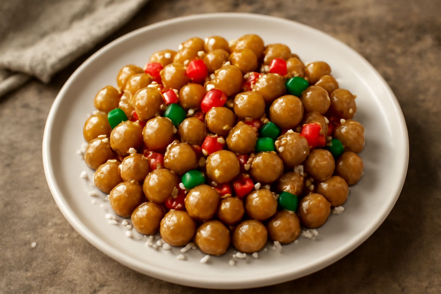 Struffoli dorati e croccanti disposti a forma di corona su un piatto bianco, ricoperti di miele lucido e decorati con canditi rossi e verdi e granella di zucchero bianca