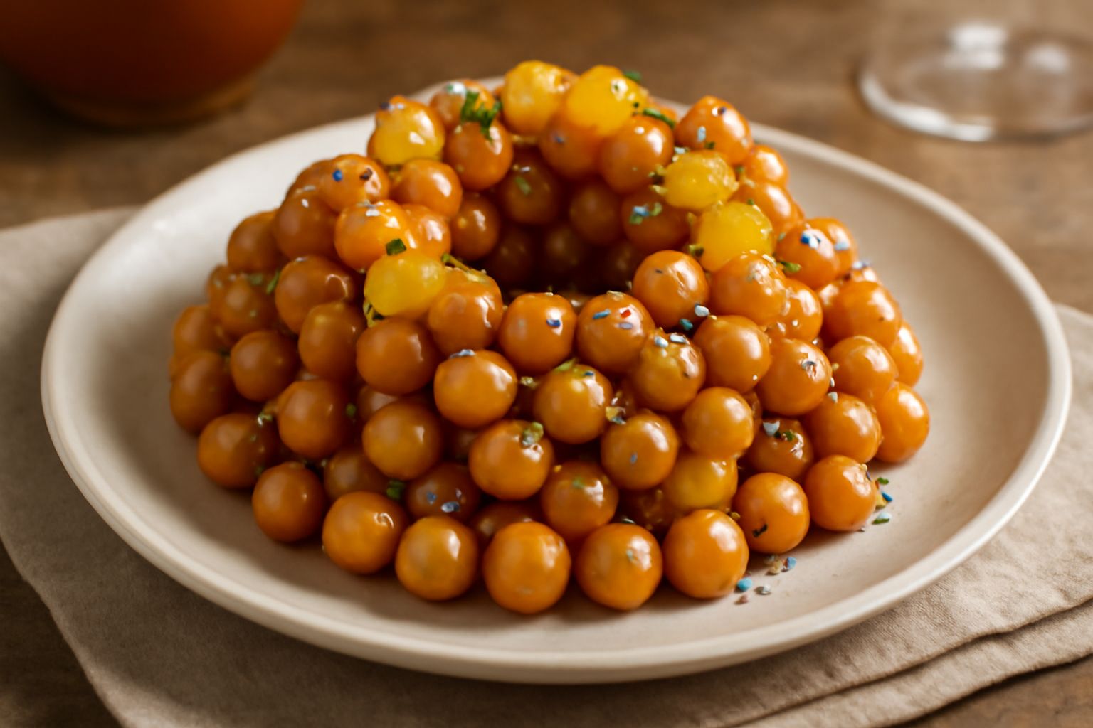 Struffoli avellinesi riuniti in una corona su piatto bianco, ricoperti di miele trasparente e brillante, decorati con zuccata candita gialla e perline colorate di zucchero