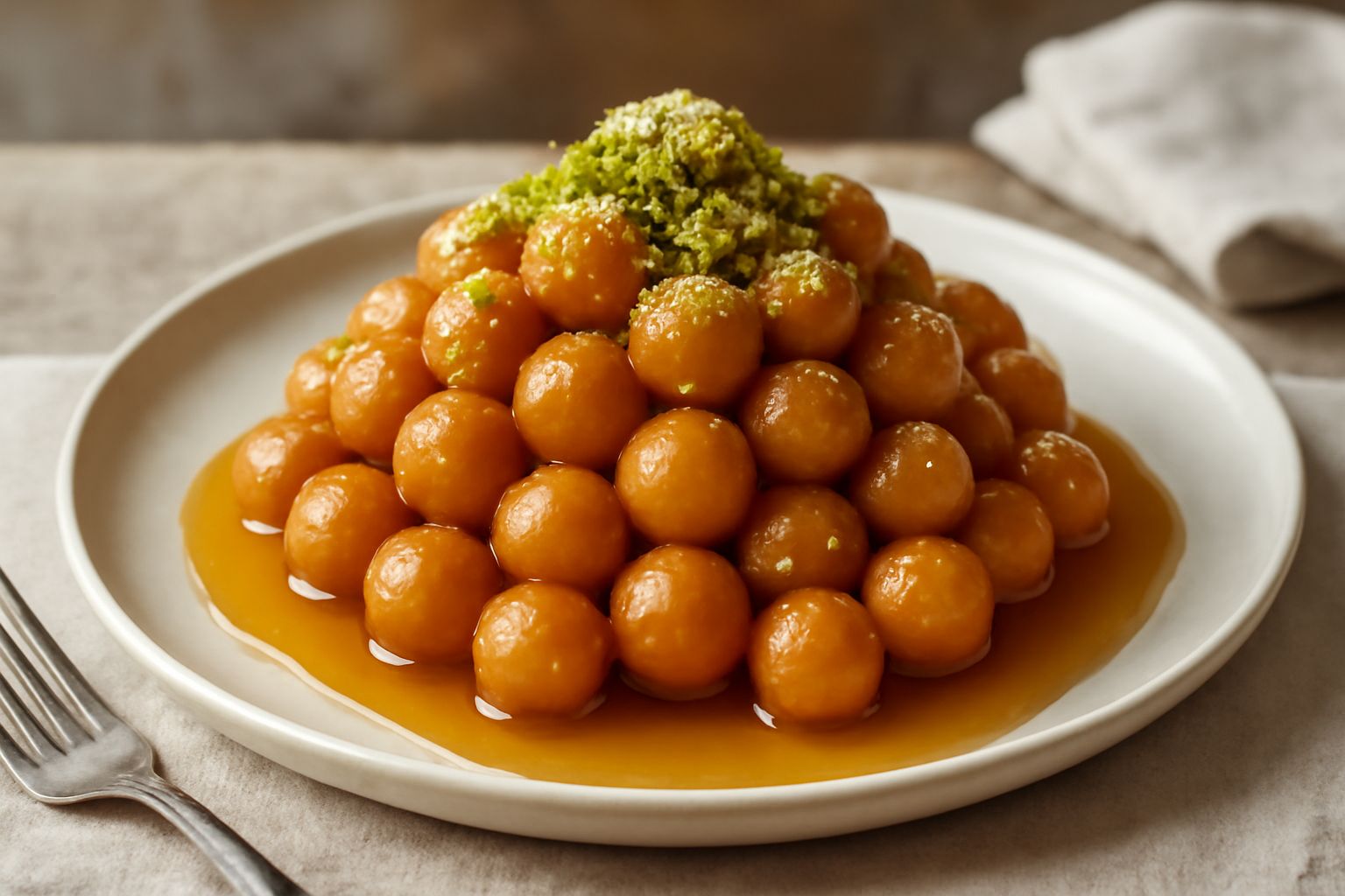 Struffoli calabresi arrangiati in un piatto bianco, palline dorate ricoperte di miele e zucchero a velo, con pistacchio tritato sparso sopra, accanto una ciotola di miele