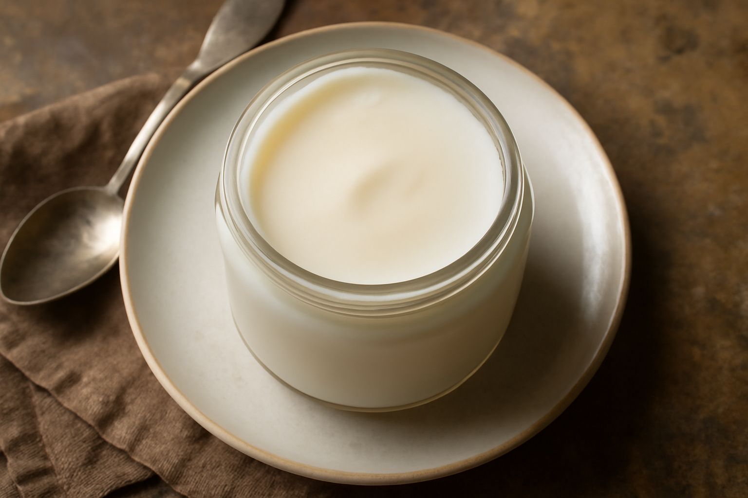 Barattolo di vetro con strutto bianco compatto su ripiano di marmo bianco, con foglia di rosmarino accanto e un cucchiaio di legno