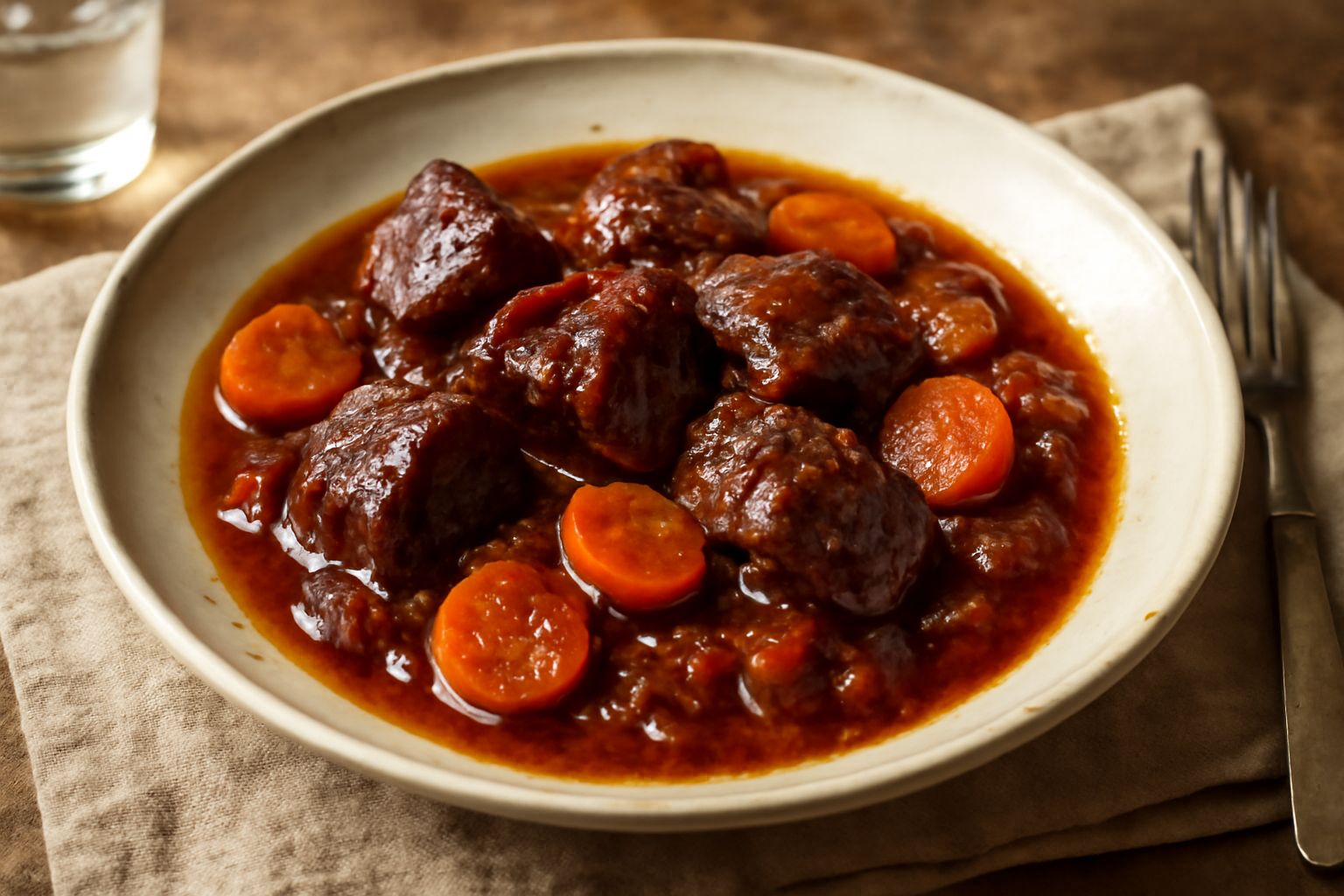 Pentola di coccio con stufata di carne, pezzi di manzo scuro e tenero circondati da carote arancioni, sedano e cipolle dorate, sugo marrone denso e lucido, guarnito con prezzemolo fresco sulla superfi