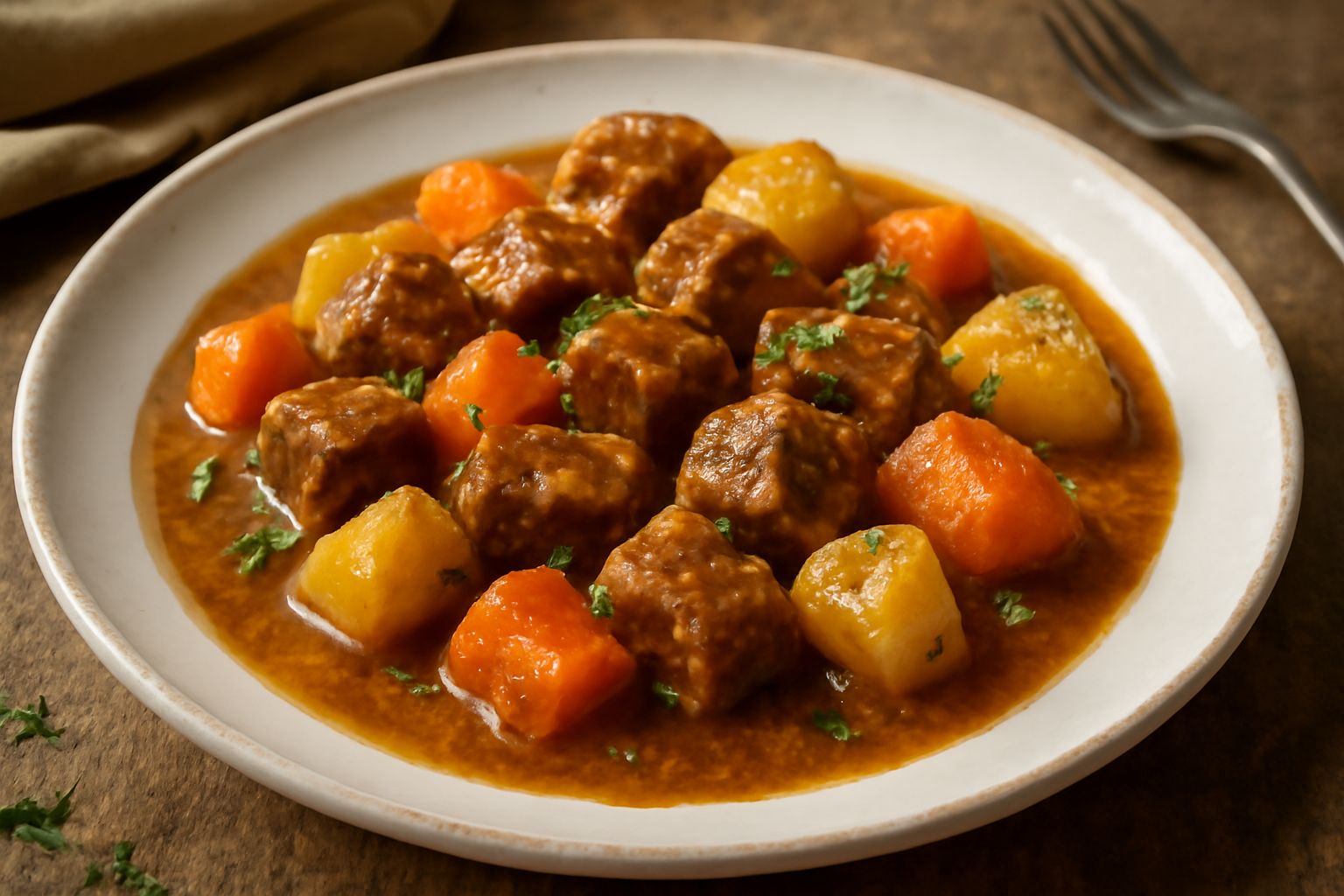 Stufato in una pentola di terracotta rossa, con pezzi di carne marrone scuro, carote tagliate a tocchi, cipolle e patate, brodo ricco che ricopre gli ingredienti, sedano fresco a fianco