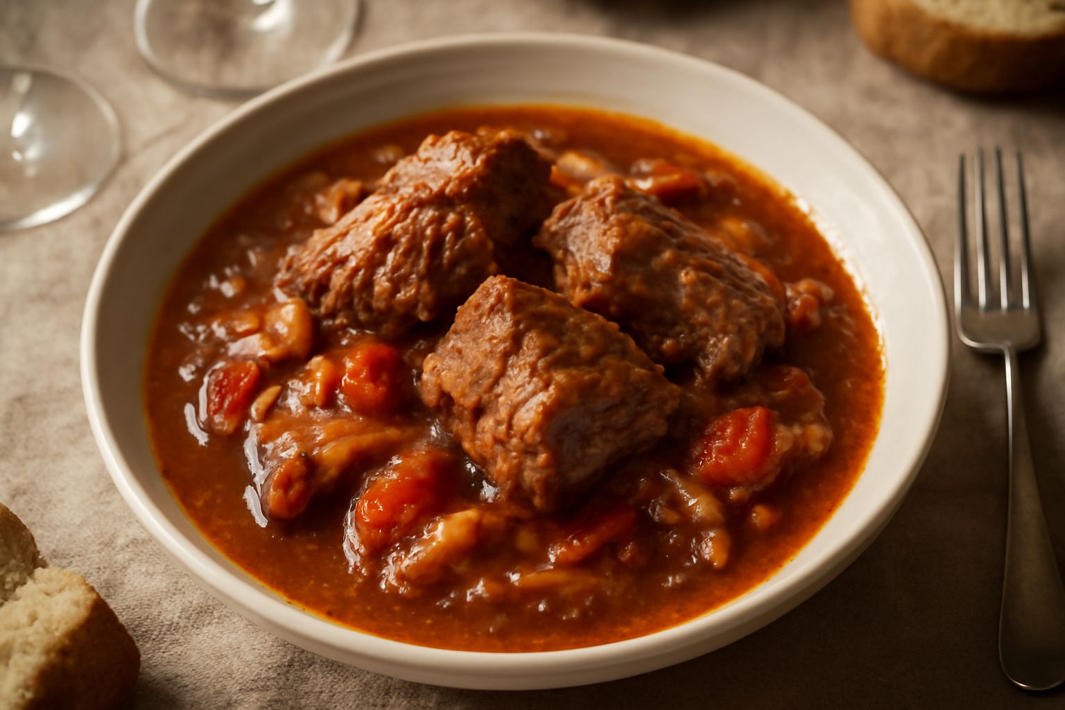 Stufato agrigentino in un piatto bianco fondo, con pezzi di carne marrone dorata circondata da cipolle trasparenti, pomodori rossi e salsa scura e lucida, guarnito con prezzemolo verde