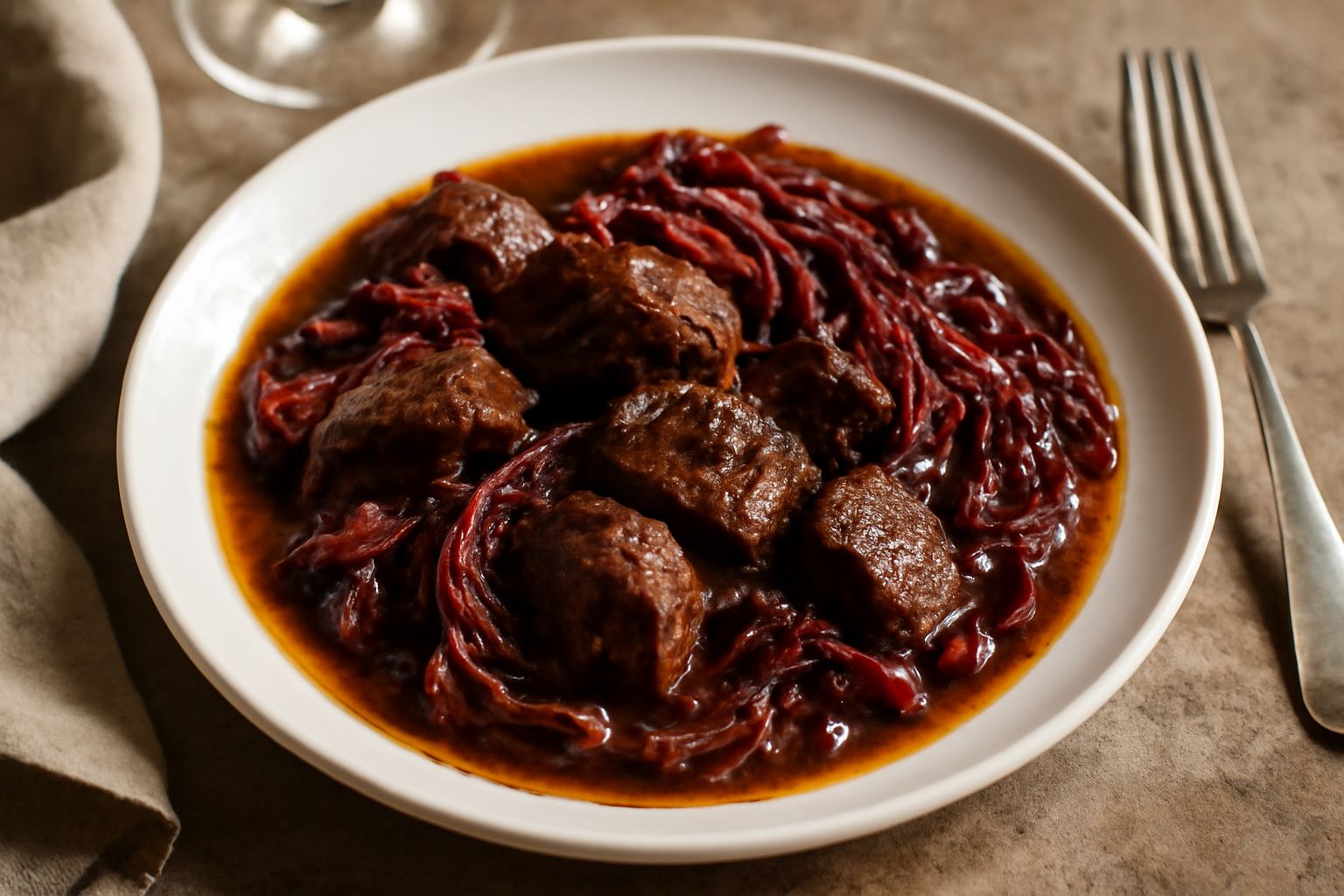 Un piatto fondo in ceramica bianca contiene stufato alla trevigiana: pezzi di manzo scuro e morbido circondati da radicchio rosso caramellato, con salsa marrone spessa e lucida. Una fetta di radicchio