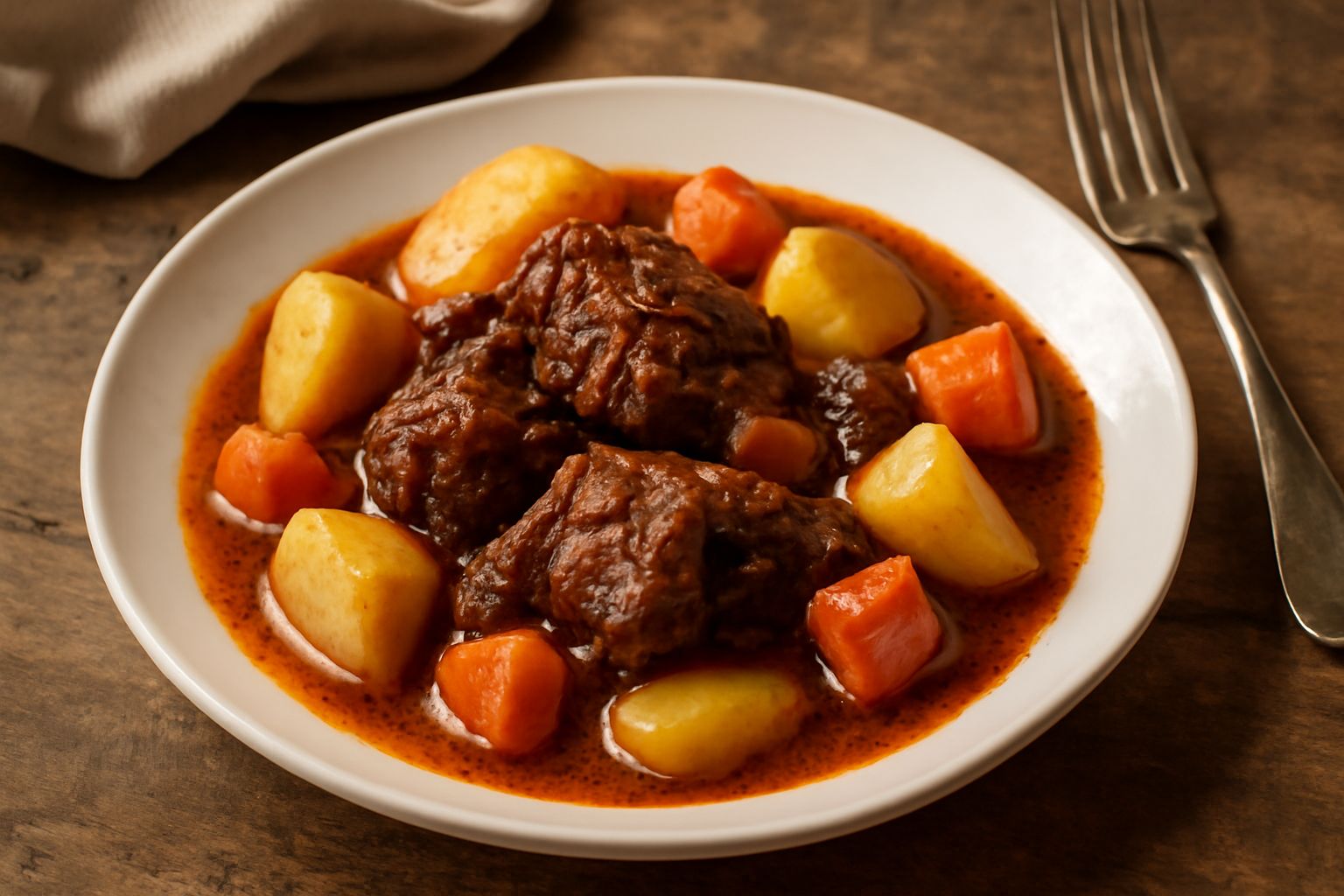 Stufato d'asino in pentola di coccio: carne scura e tenera in sugo ricco di colore rosso scuro, patate bianche, verdure soffritte, vapore leggero dalla superficie, cucchiaio di legno appoggiato sul bo