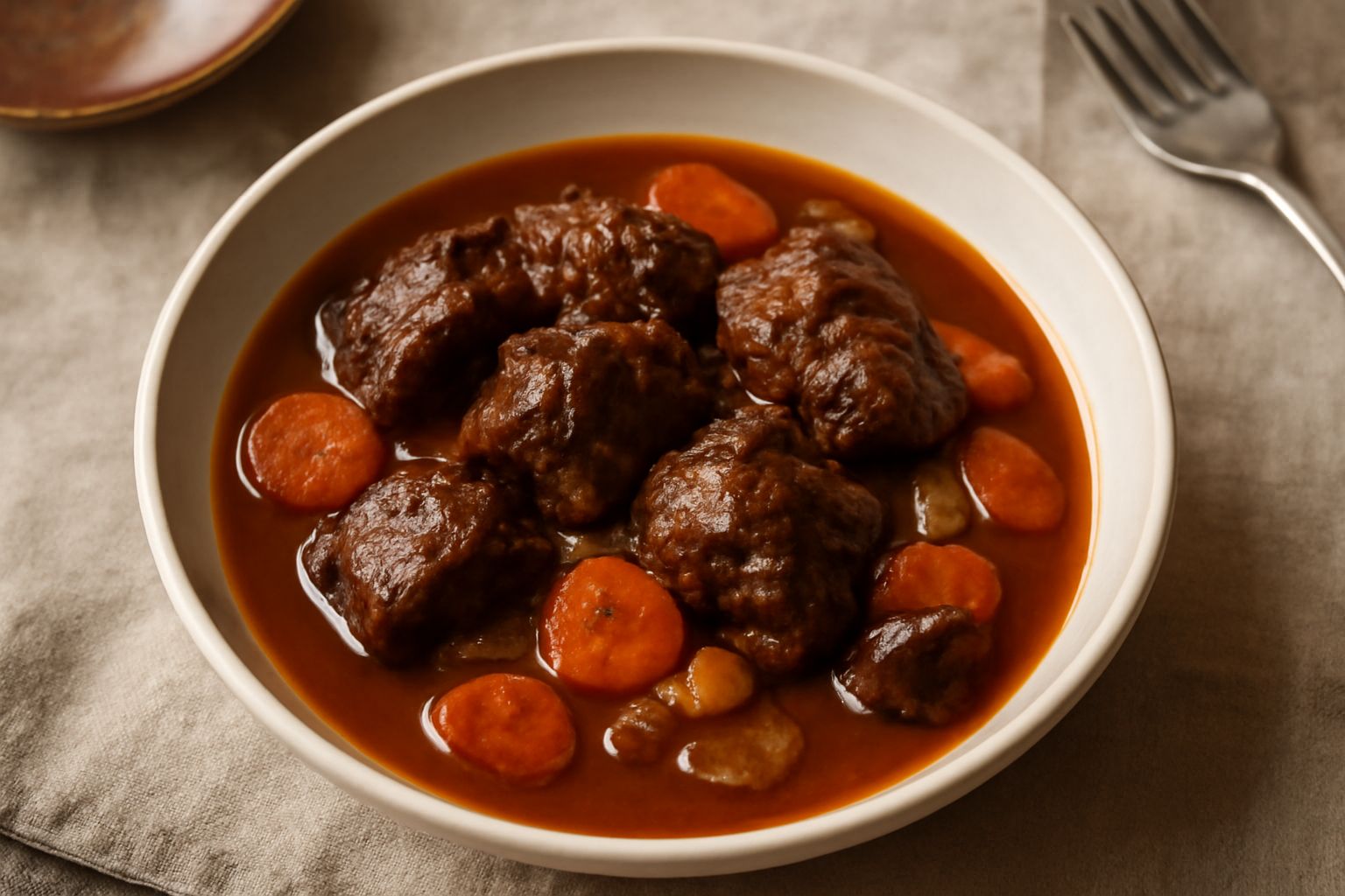 Stufato di capra in pentola di terracotta: carne bruno-rossiccia in salsa densa, carote a rondelle arancioni, cipolle bianche, erbe aromatiche, vapore caldo, pane tostato accanto