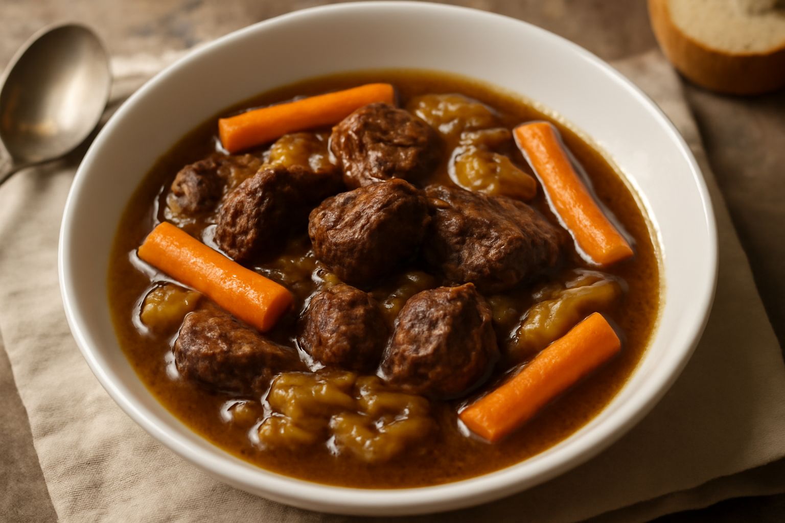 Stufato di carne in una ciotola fonda di ceramica bianca: cubetti di carne scura in umido con carota, sedano e cipolla appassiti, brodo marrone scuro, guarnito con prezzemolo fresco