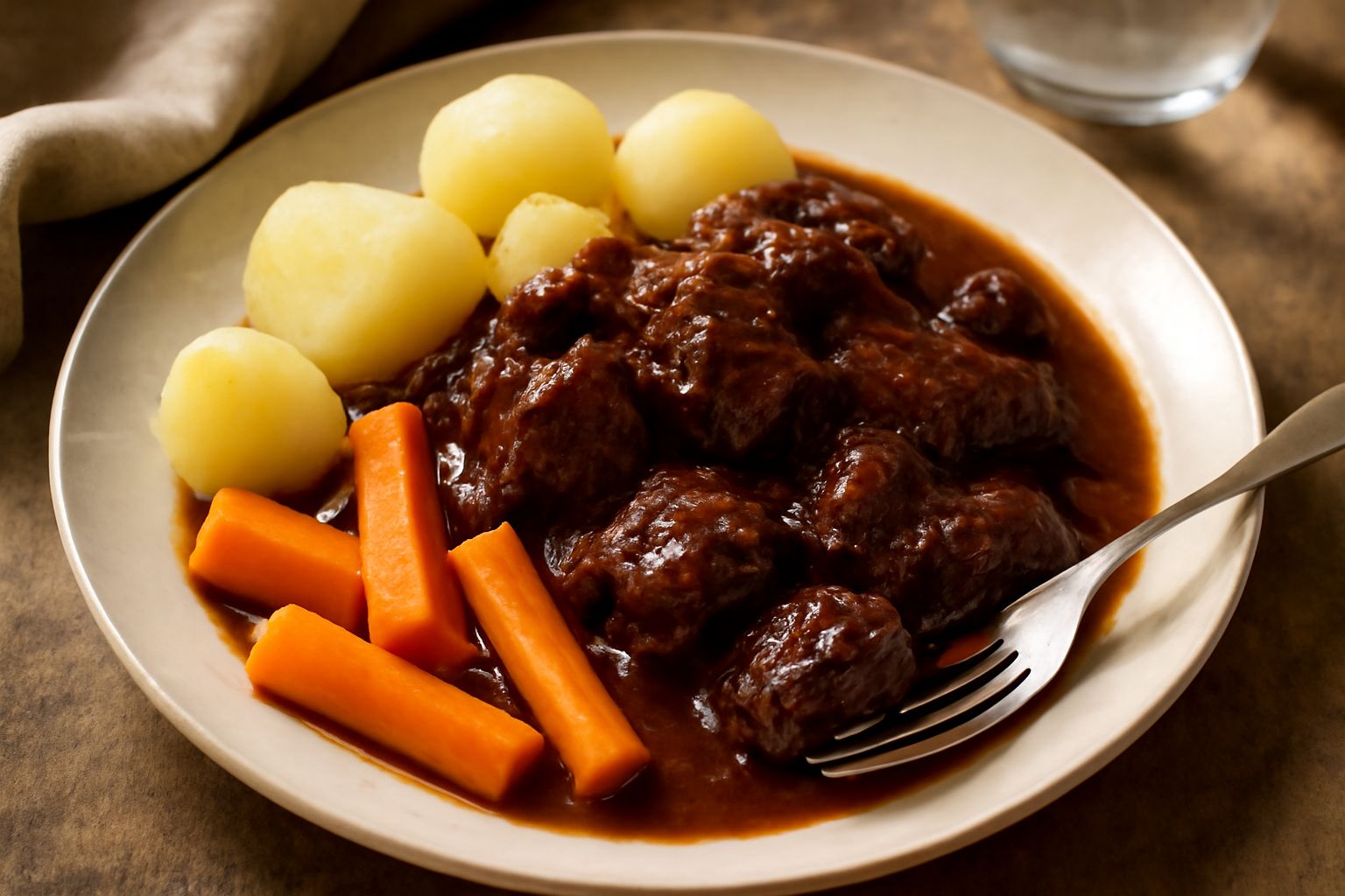 Stufato di manzo con vino rosso in piatto bianco fondo: carne scura e tenera immersa in salsa densa bruneggiante, guarnito con prezzemolo fresco, contorno di patate lesse in porcellana