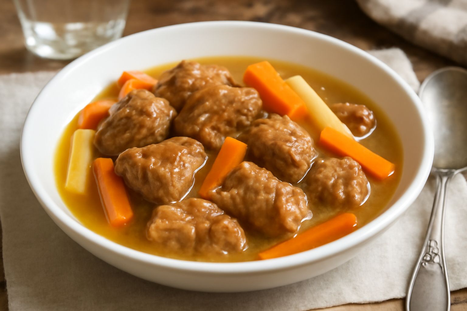 Stufato di vitello in piatto fondo bianco con pezzi di carne tenera color nocciola, carote tagliate in bastoncini e sedano, brodo leggero color ambra, guarnito con prezzemolo fresco tritato