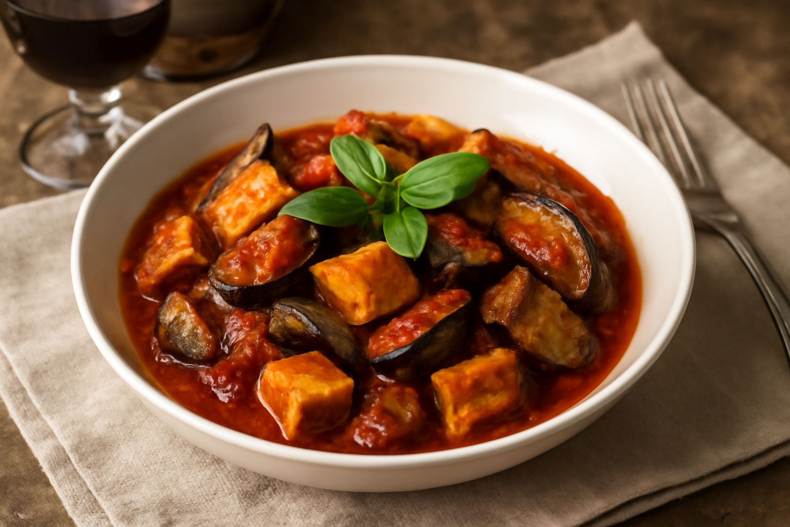 Piatto fondo bianco con stufatu catanese: ricotta fritta dorata, melanzane grigie cotte in umido, salsa di pomodoro rosso intenso, cipolla bianca, basilico verde fresco sul bordo