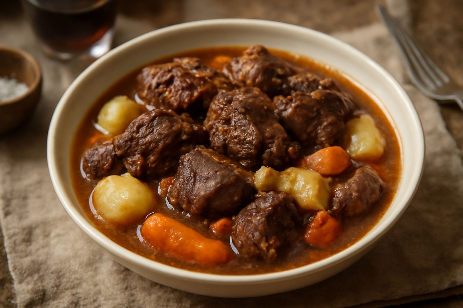 Stufato di capra in tegame di terracotta con pezzi di carne scura, patate dorate, carote tagliate e cipolle caramellate in brodo ricco di colore bruno ramato